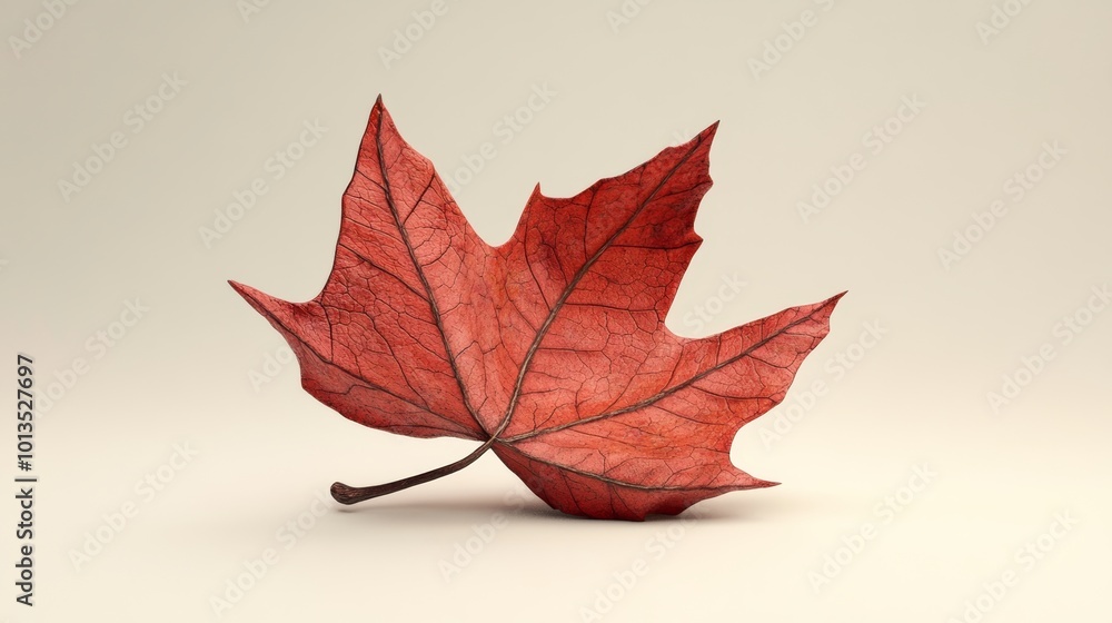 Poster a detailed 3d rendering of a red autumn leaf, emphasizing its dry texture and unique shape, isolated