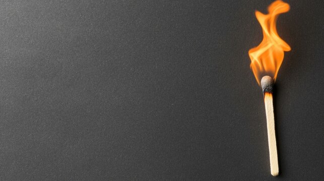Matchstick burning brightly in darkness on a black surface, symbolizing ignition.