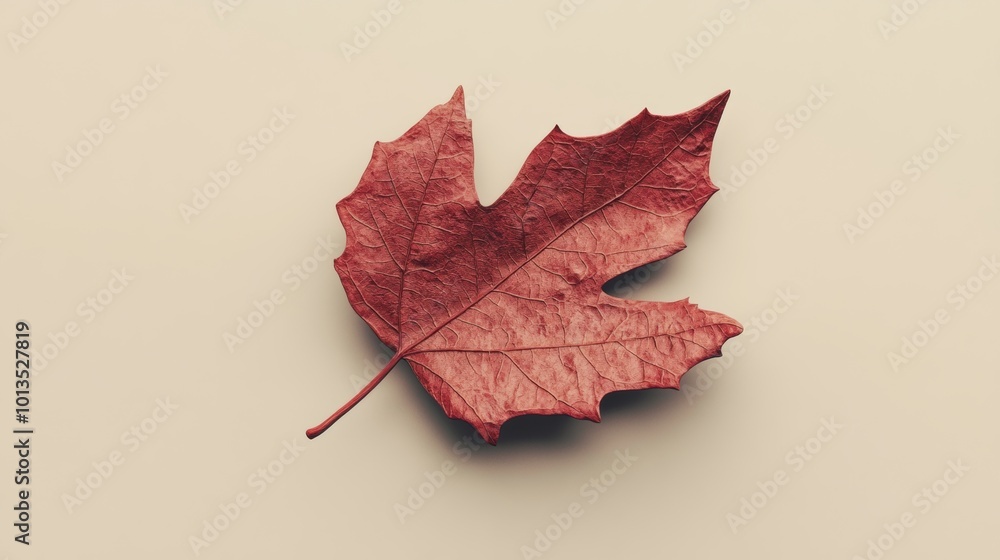 Poster a detailed 3d rendering of a red autumn leaf, emphasizing its dry texture and unique shape, isolated