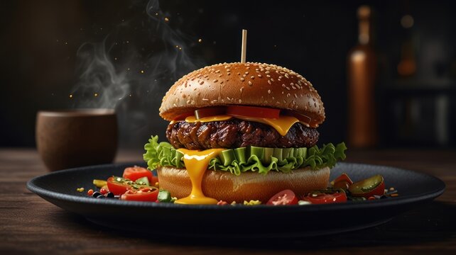 The hot burger served on a beautiful black plate is very appetizing