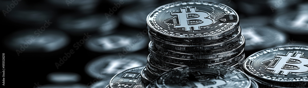 Poster stack of bitcoin coins with a dark background.