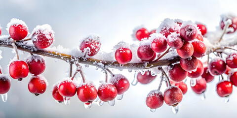 Obraz premium 3D Glossy Frozen Red Berries on an Ice-Covered Branch - Vibrant Winter Image with Copy Space for Creative Use