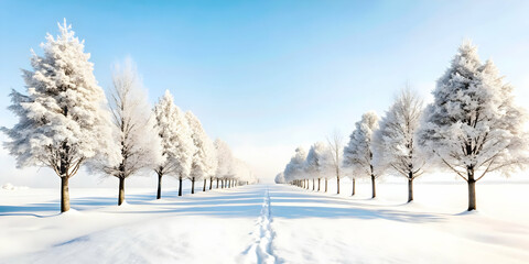 Plain White Winter Pathway in Snowy Forest with Ample Copy Space for Banners � Minimalistic and Inviting Backdrop in Wide Angle Photography