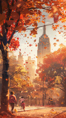 4K Fantasy Cityscape: Serene New York Park, Joyful People, Kids Playing, Autumn Leaves in Vibrant Colors, Anime-Style Cozy Vibe, Detailed Anime Art Wallpaper