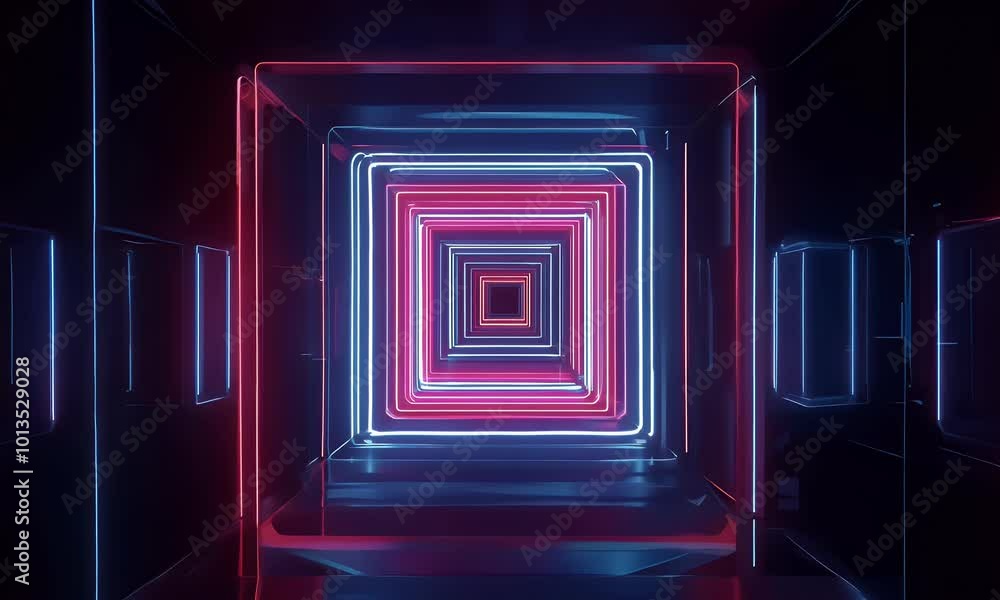 Poster neon tunnel illuminated with dynamic color patterns, offering an immersive and futuristic visual jou