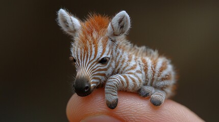 Obraz premium Hyper-Realistic Miniature Zebra Figurine on Finger