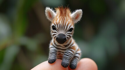 Obraz premium Cute Baby Zebra Sitting on Human Finger