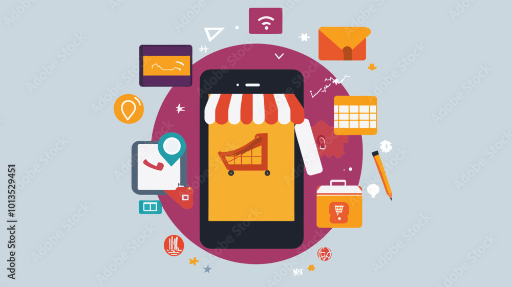 Poster flat design vector image of mobile marketing concept with smartphone and e-commerce icons representi
