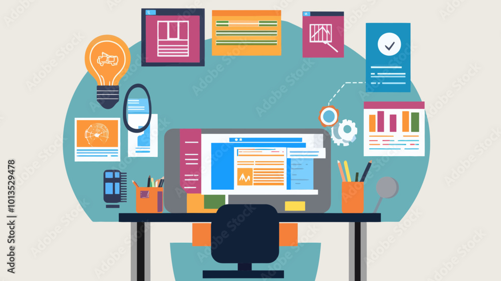 Poster web design process infographic vector: flat style illustrations of website development stages, digit