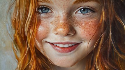 Close-up portrait of a young girl with freckles and red hair, smiling.
