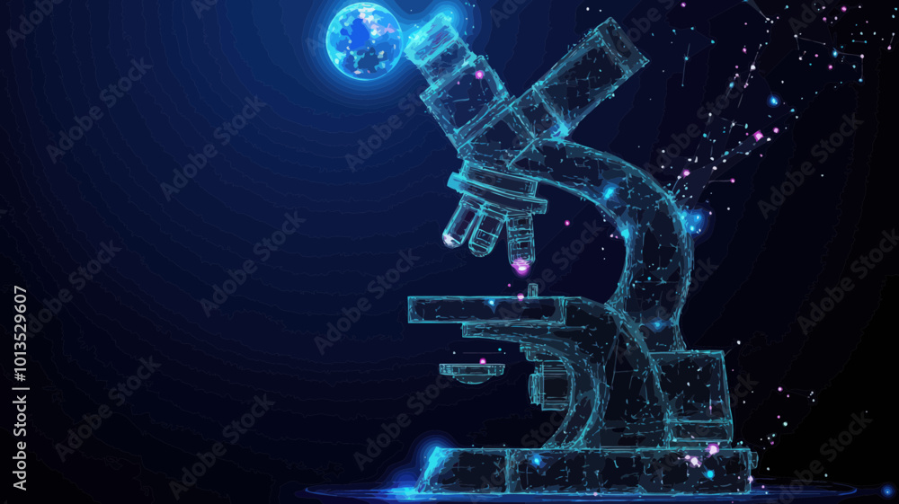 Poster starry sky microscope: abstract vector of science and universe with planets and wireframe concepts