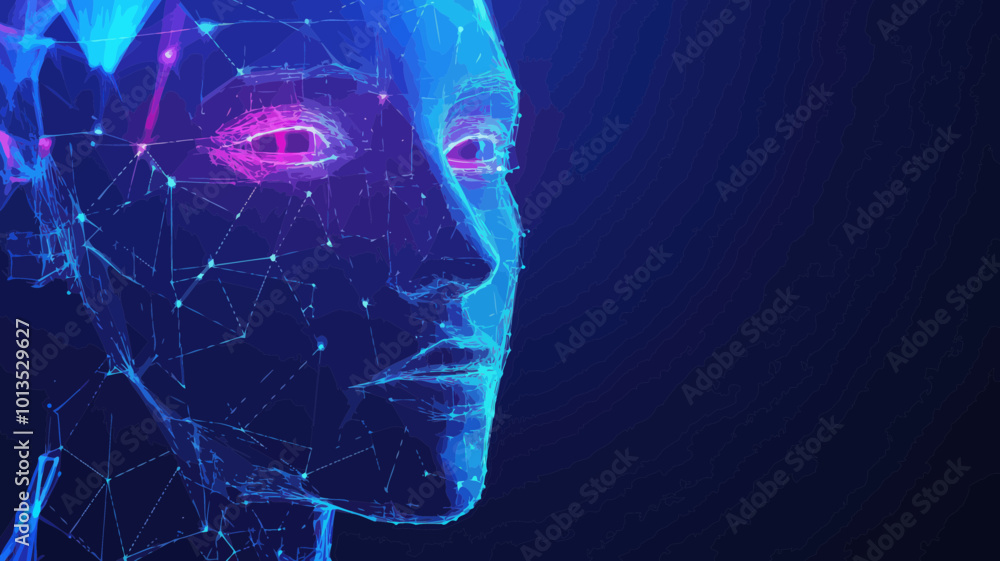 Poster low poly wireframe face recognition banner, futuristic technology, smart identification system, 3d m