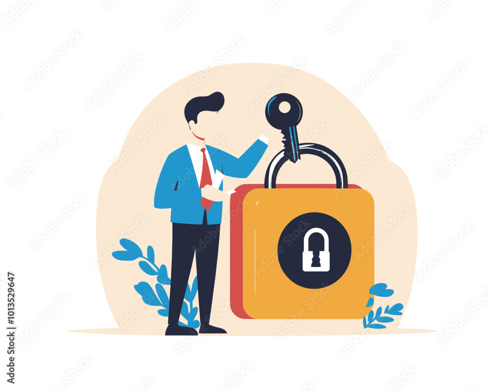 Poster businessman holding key with secure padlock for strong password cyber security online authentication