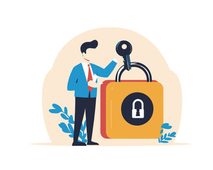 Businessman Holding Key with Secure Padlock for Strong Password Cyber Security Online Authentication and Data Privacy in Flat Minimalist Vector Illustration