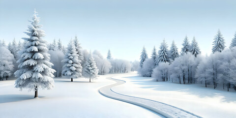3D White Winter Pathway with Snow-Covered Trees: Minimalist Landscape Concept for Inviting Banners and Copy Space