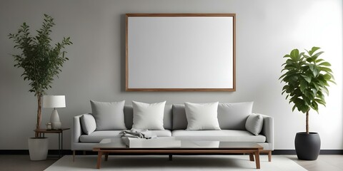 A modern living room with a large wooden framed mirror on the wall above a gray upholstered sofa with white throw pillows.