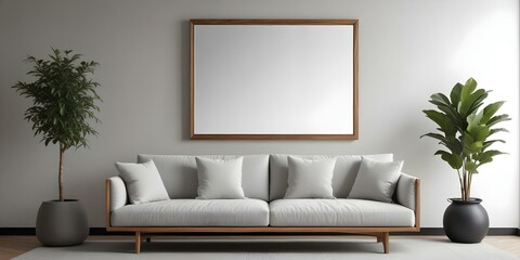 Fototapeta premium A modern living room with a large wooden framed mirror on the wall above a gray upholstered sofa with white throw pillows.