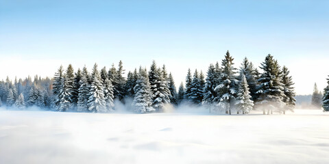 Flat Vector Illustration of a Snowy Forest with Rising Mist: Atmospheric Winter Background with Ample Copy Space for Text