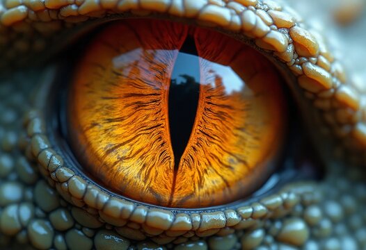 A tight shot of a dragon's vivid orange-yellow iris encircled by intricate patterns, contrasting against the darker hue outside its eye