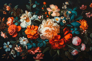 Vintage bouquet of beautiful flowers on black. Floral background. Baroque old fashiones style. Natural pattern wallpaper or greeting card