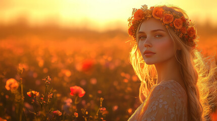 Naklejka premium woman with floral crown, bathed in warm golden light, stands amidst field of blooming flowers, her eyes reflecting beauty and serenity of moment.