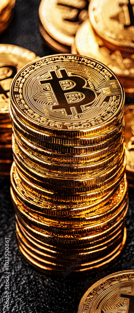 Poster stack of shiny bitcoin coins on a dark background