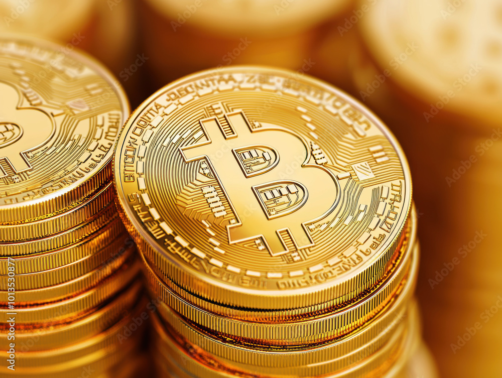 Poster stack of shiny gold bitcoin coins on a blurred background