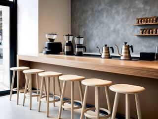 Seat and wooden counter with coffee equipment on counter bar and wooden shelf on rough cement wall. design for cafe or home.