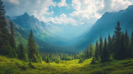 Obraz premium Peaceful Mountain Valley Panorama with Lush Greenery