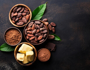 Cocoa beans, cocoa powder, butter and chocolate on a dark background. copy space