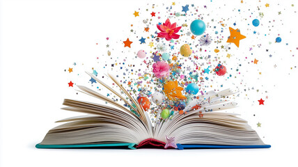book with colorful pages, spilling out various objects like stars and flowers, isolated on a white background,