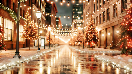3D Glossy Ice-Covered City Street with Twinkling Winter Lights & Clear Copy Space for Urban Promotions - Festive Winter Background