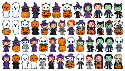 Set of cute Halloween cartoon characters featuring ghosts, pumpkins, witches, skeletons, vampires, and monsters. Ideal for Halloween stickers and decorations.