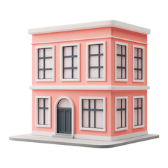 Fototapeta premium 3D pink apartment building featuring multiple windows and an arched entrance. Suitable for urban housing, rental property, or architectural visualization. Isolated on transparent background, png.