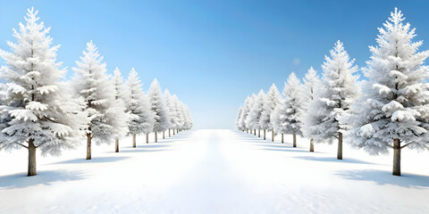 Obraz premium 3D Plain White Winter Pathway with Snow-Covered Trees: Minimalistic Scene with Ample Copy Space for Banners and Clean Backdrop, Wide Angle Shot, Isolated Icon on White Background