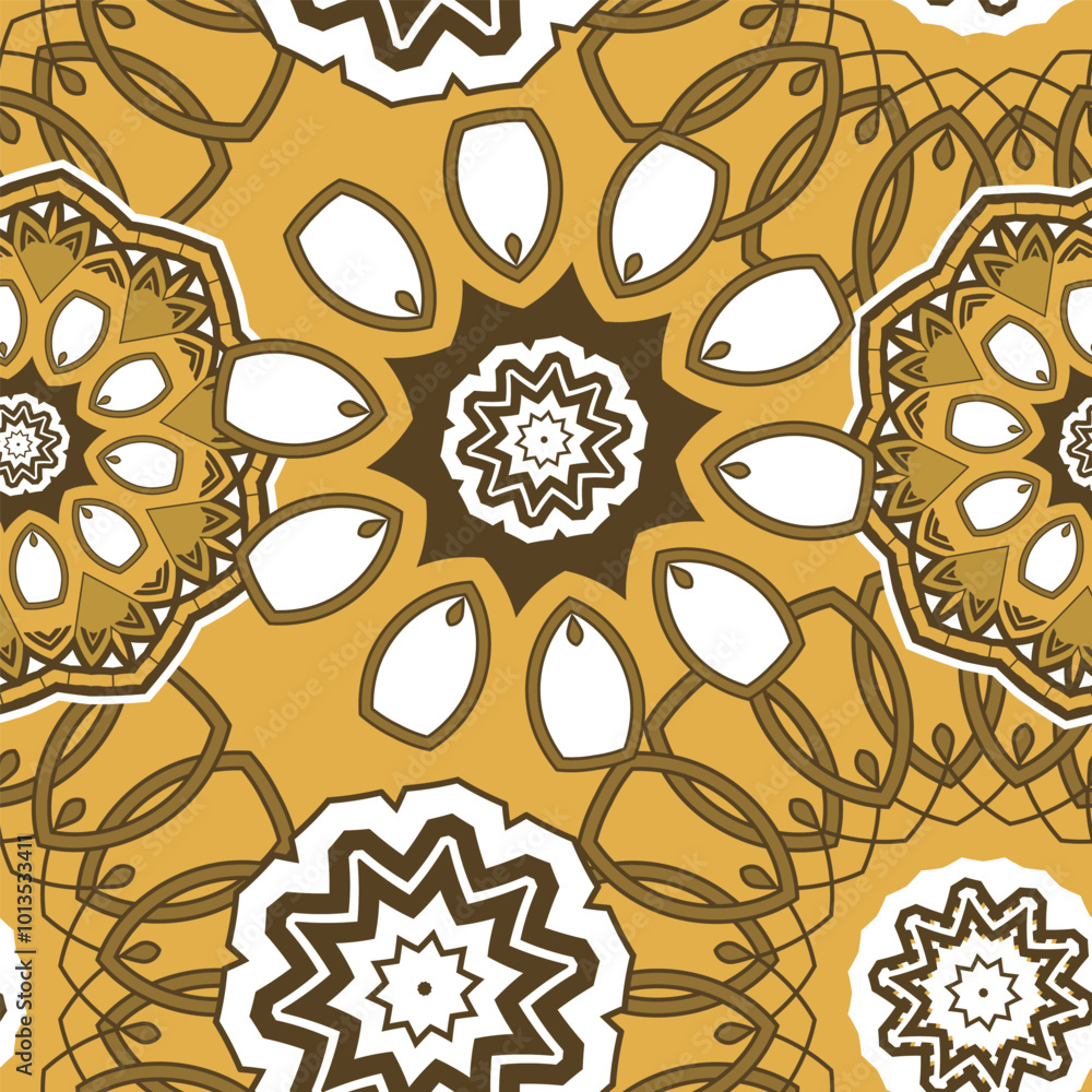 Poster seamless pattern with randomly placed decorative elements. brown-beige-yellow color palette. vector 