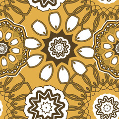 Seamless pattern with randomly placed decorative elements. Brown-beige-yellow color palette. Vector illustration