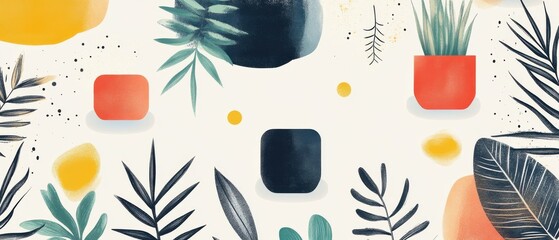 Vibrant Floral Pattern with Geometric Accents in Pastel Hues and Bold Colors.