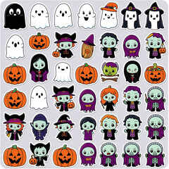 Set of cute Halloween cartoon characters featuring ghosts, pumpkins, witches, skeletons, vampires, and monsters. Ideal for Halloween stickers and decorations.