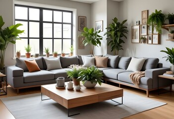 A modern living room with a gray sectional sofa, wooden coffee tables, and shelves filled with plants and decor items.