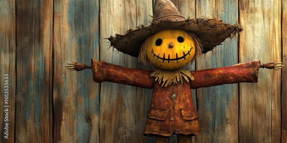 Poster a playful 3d representation of a scarecrow, showcasing a whimsical design and warm colors, isolated 