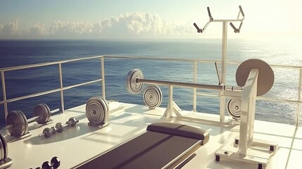 Obraz premium Ocean View Gym Equipment on Yacht Deck