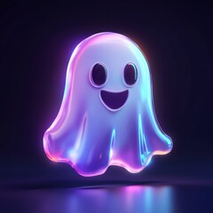 An artistic 3D display of a Halloween-themed ghost icon, featuring playful expressions and a glossy finish, isolated on a dark background