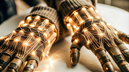Flat Macro Illustration of Futuristic Mittens with Glowing Fibers - High-Tech Fabric Detail in Close-Up