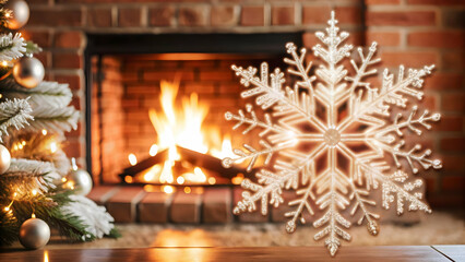 Obraz premium Flat Holographic Snowflake by a Glowing Fireplace: Cozy Winter Atmosphere with Ample Copy Space for Marketing Text - Eye-Catching Vector Illustration