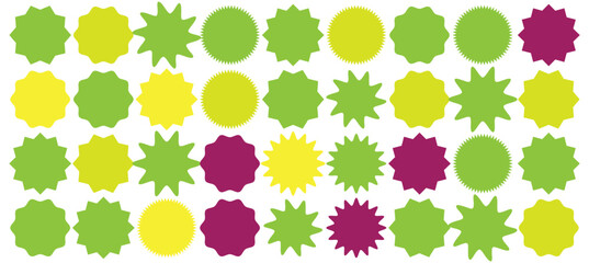 Flat simple starburst shapes. Sticker, label, promotional badge on white background