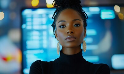 Diverse Modern Office: Successful Black Digital Entrepreneur Uses Tablet Computer and TV Screen with Big Data, Statistics, Talks about Company Growth