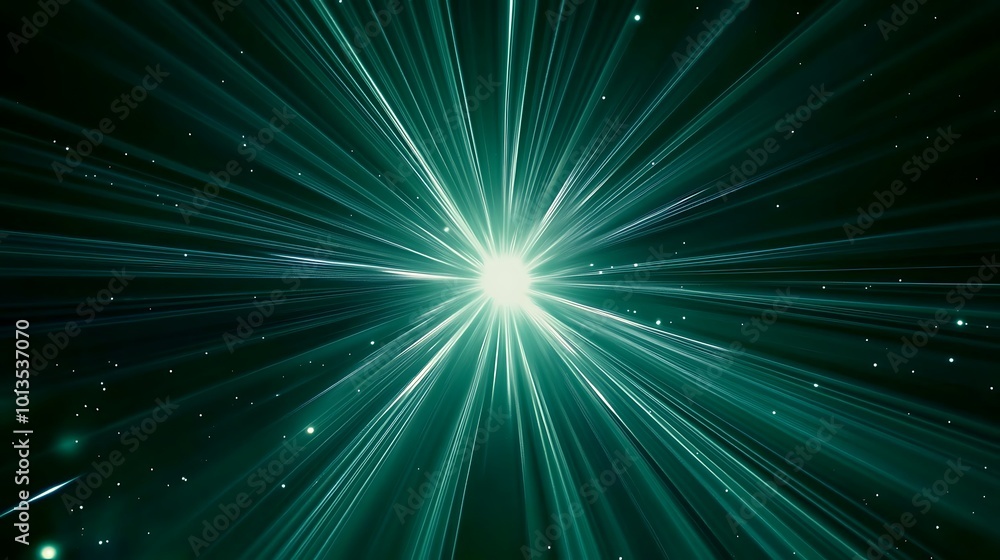 Poster Abstract green starburst background with glowing light rays and scattered particles.