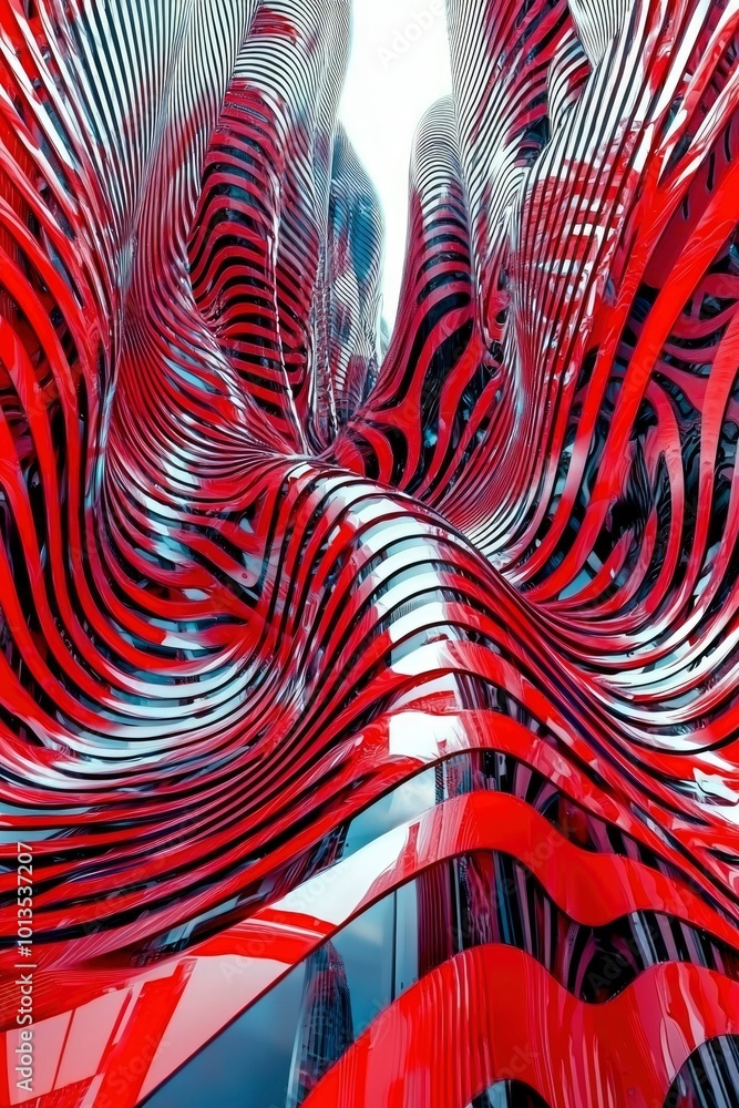 Poster abstract red and white interlocking curved structures