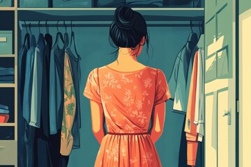 illustration .girl stands at the closet where there are few clothes